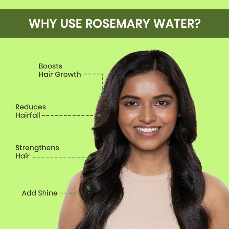 Why use Rosemary Water for hair: boosts growth, reduces hairfall, strengthens hair, adds shine.