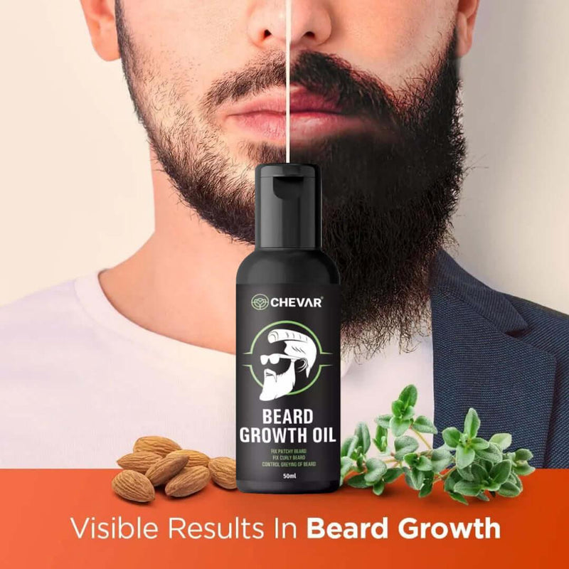 Beard Growth Oil in a sleek glass bottle with a dropper, surrounded by natural ingredients like herbs and oils."