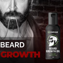 Close-up of a beard oil bottle placed on a wooden surface, with a well-groomed beard in the background."