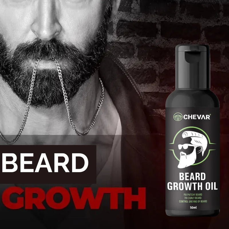 Close-up of a beard oil bottle placed on a wooden surface, with a well-groomed beard in the background."