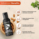 "A grooming kit with a bottle of beard growth oil, comb, and scissors on a grooming table."