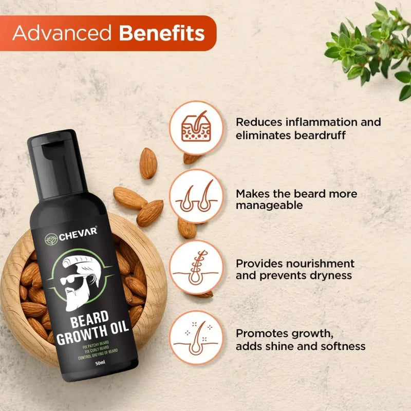 "A grooming kit with a bottle of beard growth oil, comb, and scissors on a grooming table."