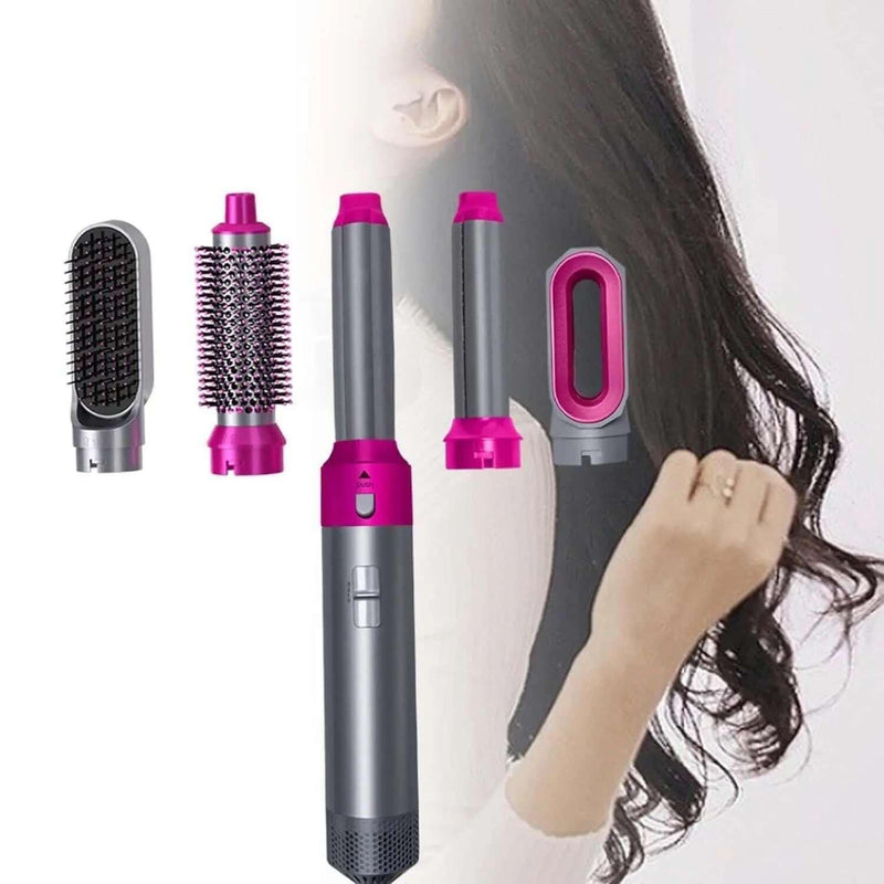 Multi-Functional 5 IN 1 Hair Styling Tool with interchangeable brush attachments and sleek design.